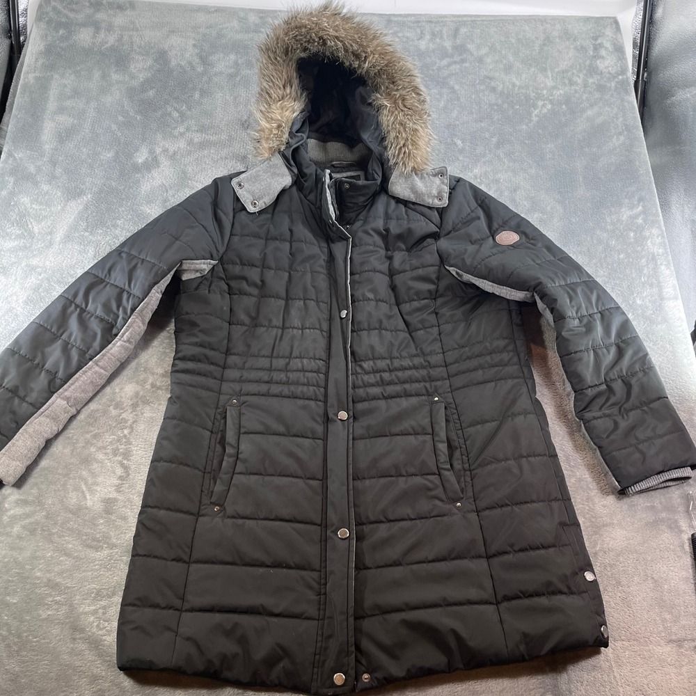 Weatherproof Womens Black Quilted Puffer Parka Faux Fur Hood Jacket XL
